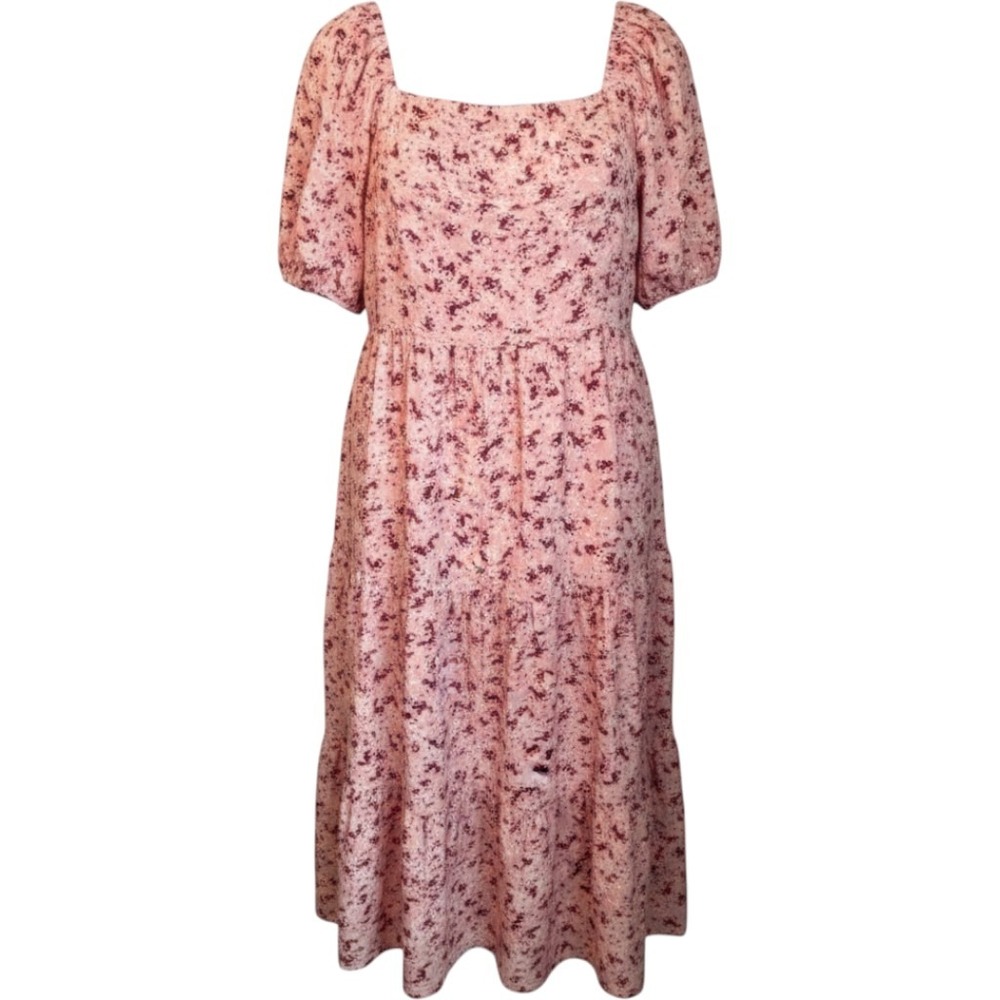 BloomChic Floral Ruched Bust Tiered Midi Dress Pink Plus Size 14-16 Short Sleeve
